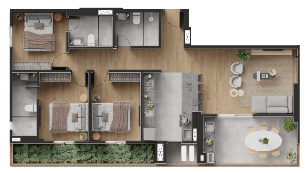 102,04 M² | 3 DORMS (2 SUÍTES) | 2 VAGAS | Final 1 MARINO T02